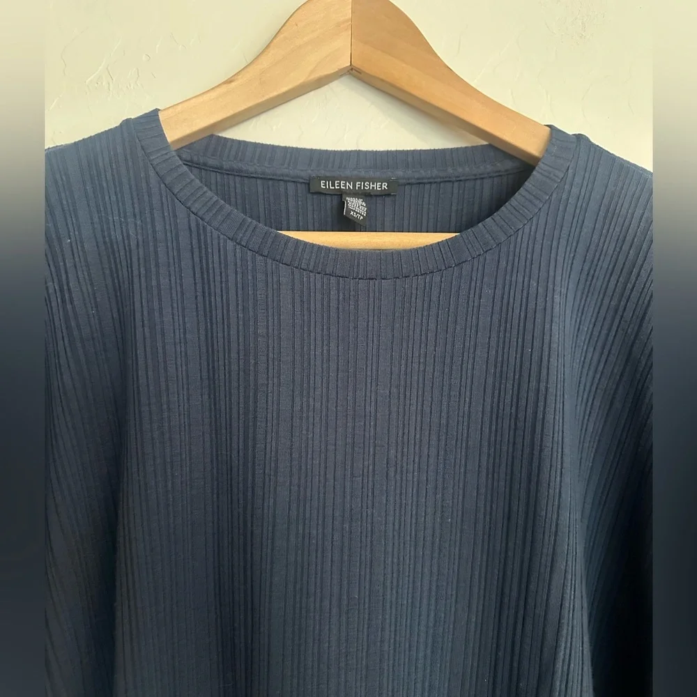 Eileen Fisher Variegated Rib Tunic Top Shirt Women's Size XS Navy Blue Ocean NEW